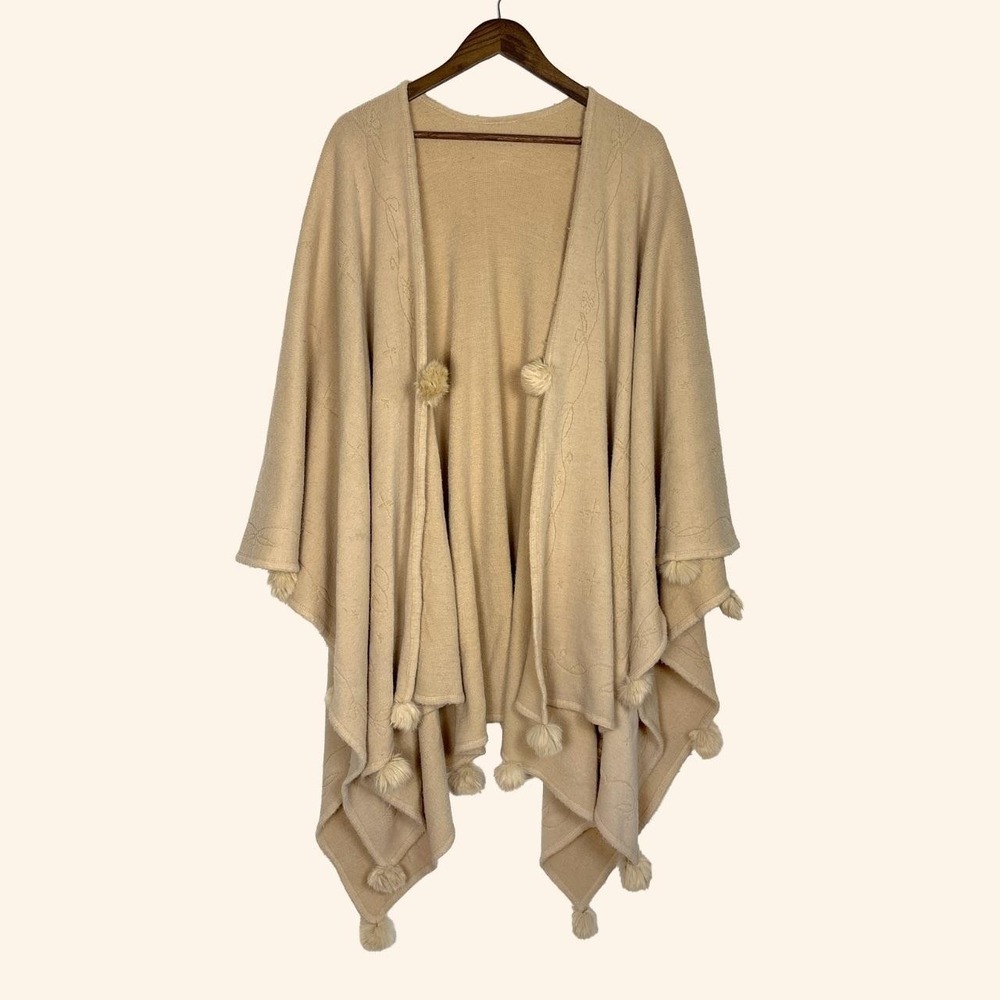 Vintage 70s Knit Poncho Cape with Real Fur Pom-Poms